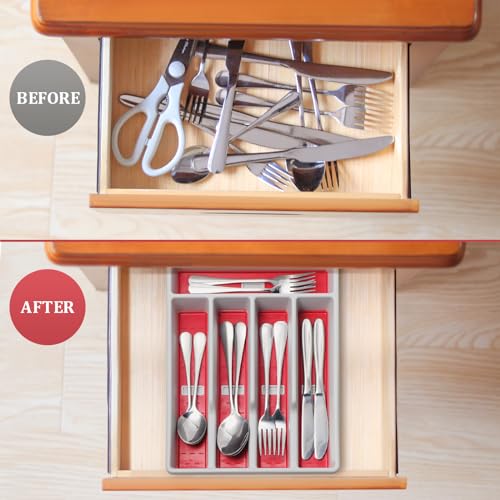 CherHome Silverware Organizer with Cutlery Icons，Silverware Tray for Kitchen Drawer，Plastic Flatware Tableware Silverware Drawer Organizer Utensil Organizer with Non-slip TPR Linings，5-Compartment