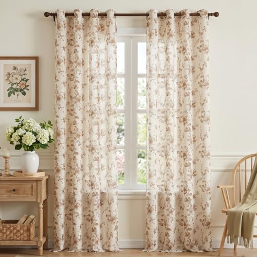 Taupe Vintage Floral Linen Curtains - 52W x 84L Inches, Pack of 2, Semi Sheer
