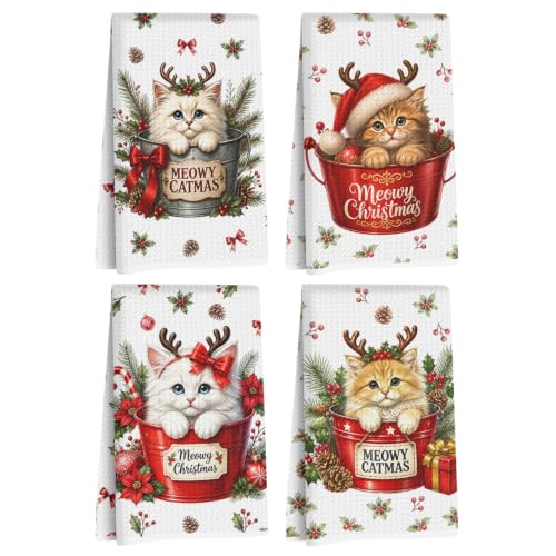 4 Pcs Reusable Cat Christmas Kitchen Towels - Cute Holiday Hand Towels, Multi 1834