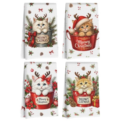 4 Pcs Reusable Cat Christmas Kitchen Towels - Cute Holiday Hand Towels, Multi 1834