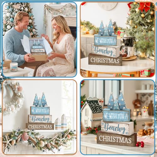 Coastal Christmas Table Decor - Blue Beachy Christmas Tree - 4 Pcs