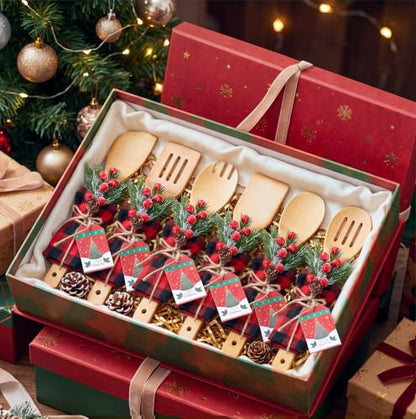 Christmas Bamboo Spatula Set with 24 Utensils & Festive Accessories - Classic Shape, Red & Black