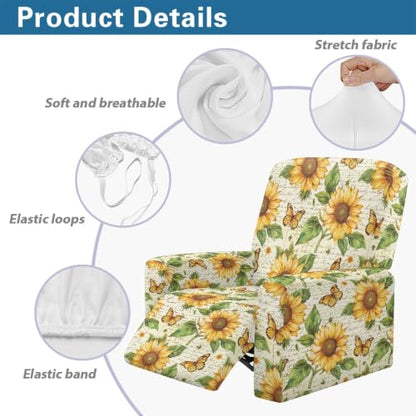 Sunflower Butterfly Recliner Couch Protector with Pockets - Stretch Slipcover for 27-37 Inch Chairs