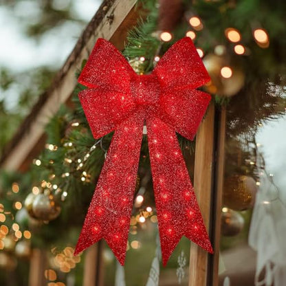 GLOWNOVA 48'' 126LED Christmas Wreath Bow with Glitter Red & Lights - Indoor Outdoor Decor