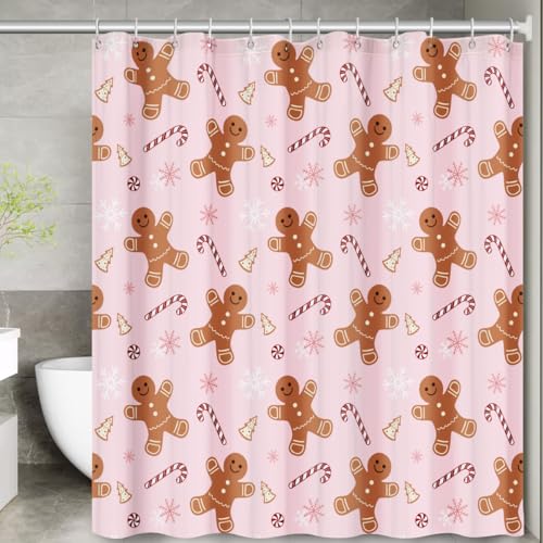 Christmas Shower Curtain Set - Pink Gingerbread Man Candy Cane Bathroom Decor, 72x72 Inches