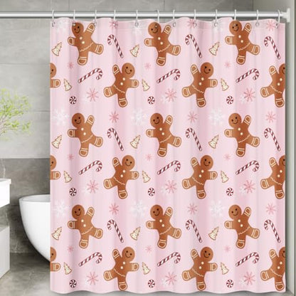 Christmas Shower Curtain Set - Pink Gingerbread Man Candy Cane Bathroom Decor, 72x72 Inches