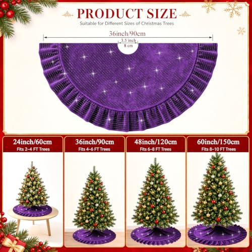 Purple Ruffled Velvet Christmas Tree Skirt - 36 Inch Diameter