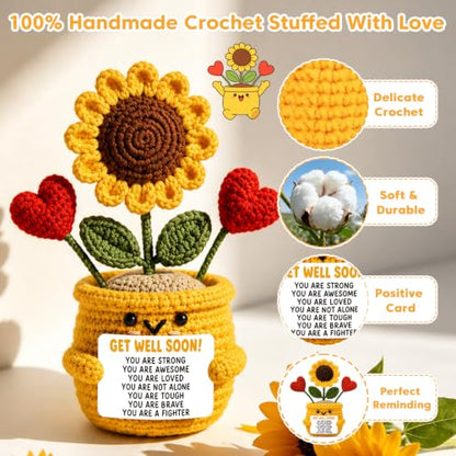 Get Well Soon Stress Relief Gift for Women & Men - Handmade Crochet Sunflower & Heart Decor