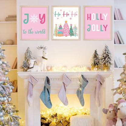 Christmas Wall Art Prints Set - Pink Holiday Decor for Living Room & Bedroom, 8x10 Inch Unframed