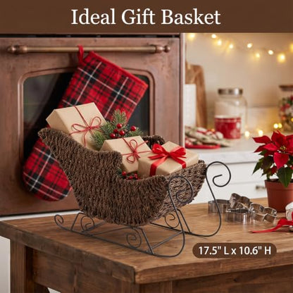 Brown Santa's Sleigh Wicker Basket Christmas Decor Handwoven Holiday Storage