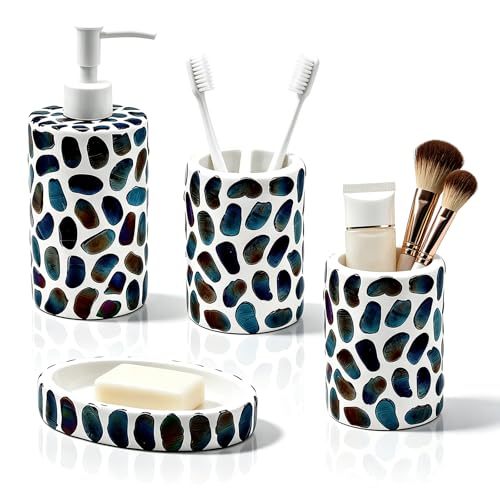4-Piece Bathroom Accessories Set with Soap Dispenser & Toothbrush Holder - Pebble Design, Water-Resistant