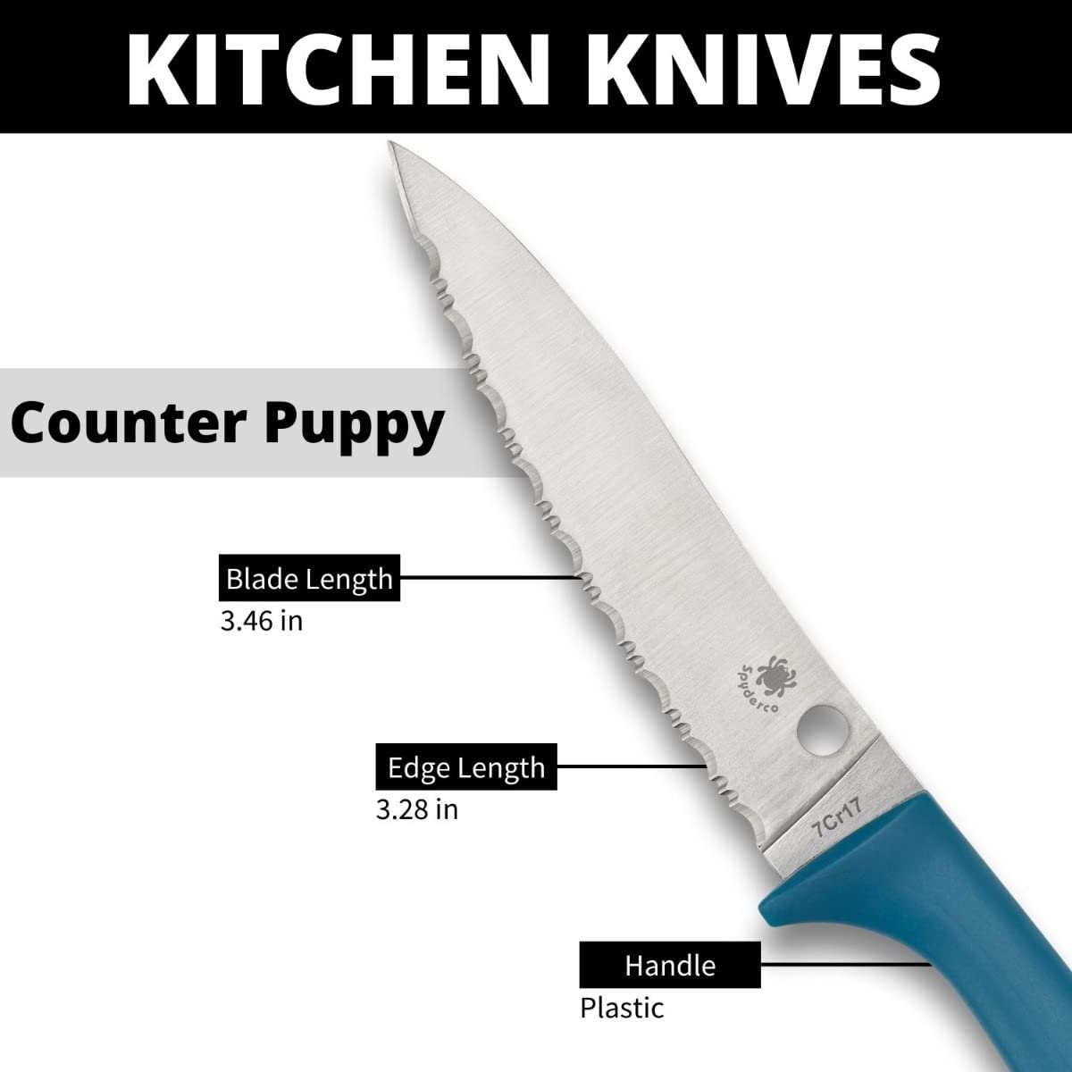 Spyderco Counter Puppy 6.9" Kitchen Knife with 3.46" Corrosion-Resistant 7Cr17 Stainless Steel Blade and Injection-Molded Blue Plastic Handle - SpyderEdge - K20SBL