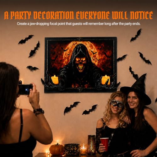 Halloween 3D Grim Reaper Wall Decor with LED Candles and Bats - Indoor Haunted House Gothic Wall Art