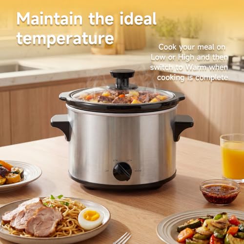 Small Slow Cooker 1.5 Qt for 1-2 People - Silver, Adjustable Heat
