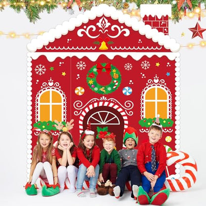 Christmas Gingerbread House Decorations Set with Door Covers & Backdrop - Holiday Porch Signage