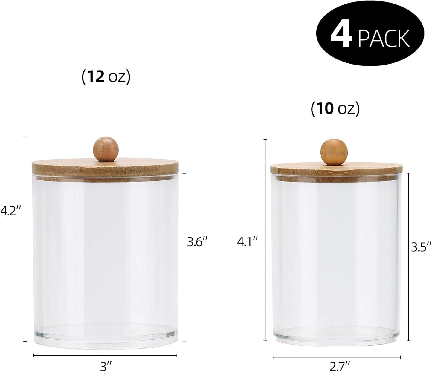 Tbestmax Qtip Holder Dispenser - 4 Pack Clear Plastic Apothecary Jars with Bamboo Lids | 12oz & 10oz Storage