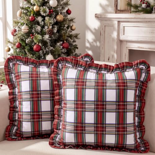 Irenare 2-Pack Christmas Plaid Ruffled Pillow Covers 18x18 in - Red & Green Scottish Tartan, Hidden Zipper