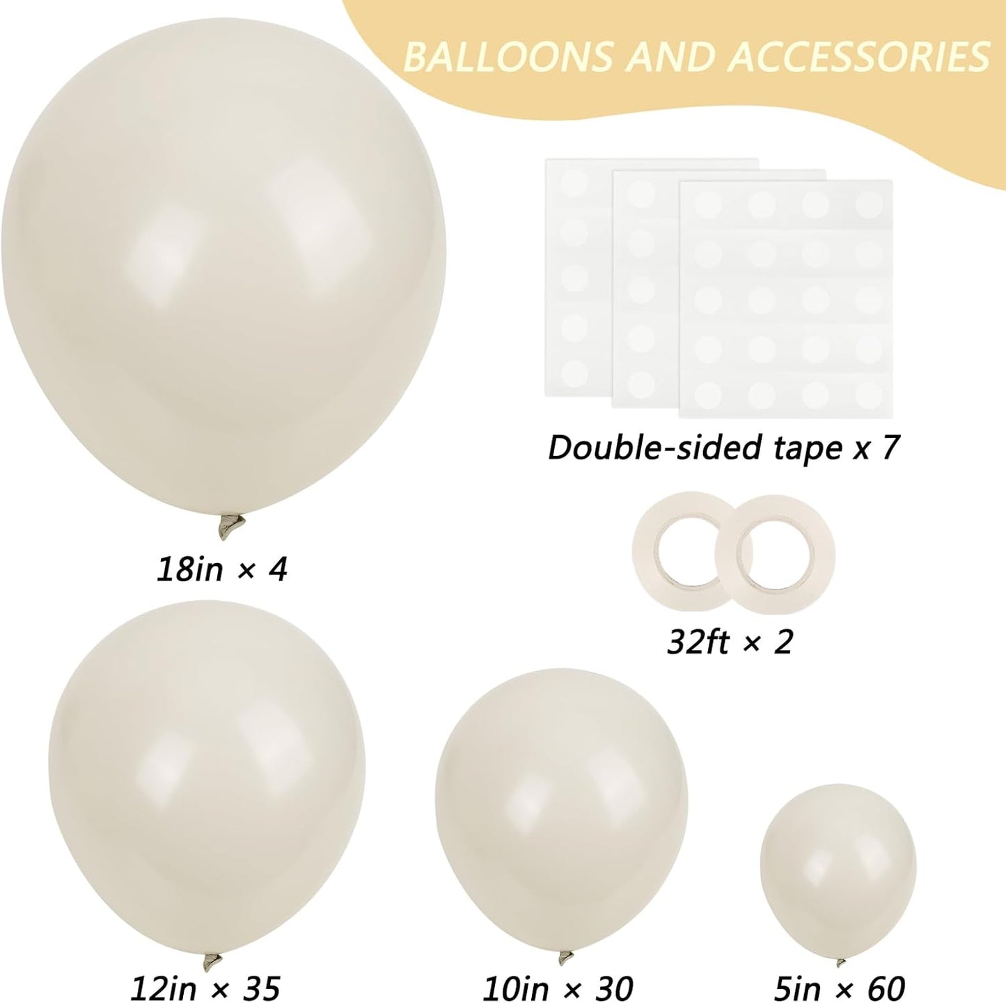 RUBFAC Sand White Cream Balloons - 129pcs Latex Balloon Garland Arch for Parties & Events | 5-18 Inches