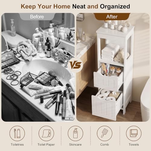 Small Bathroom Storage Cabinet with Drawers & Open Shelf - White - Space-Saving Narrow Design with Farmhouse Style