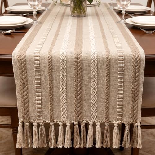 Encasa XO Boho Cotton Table Runner - Beige, 13x118 Inches, Woven Jacquard with Tassels