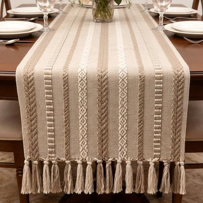Encasa XO Boho Cotton Table Runner - Beige, 13x118 Inches, Woven Jacquard with Tassels
