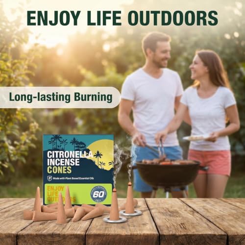 Citronella Incense Cones 60 Count Pack with Metal Dishes for Outdoor Use