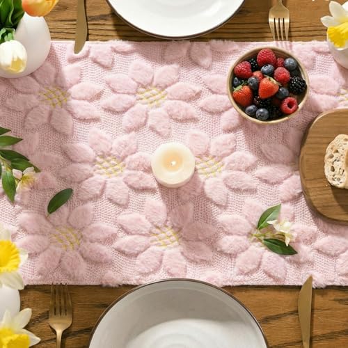 Pink Faux Fur Sunflower Table Runner - 13 x 108 Inch Spring Home Decor