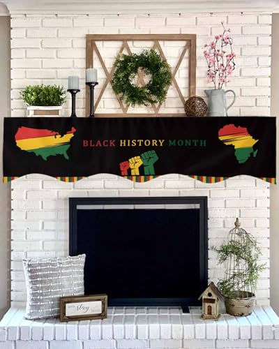 Black History Month Fireplace Mantel Scarf Cover with Variation - Black, Grass, Green, Deep Red, 70 Inch