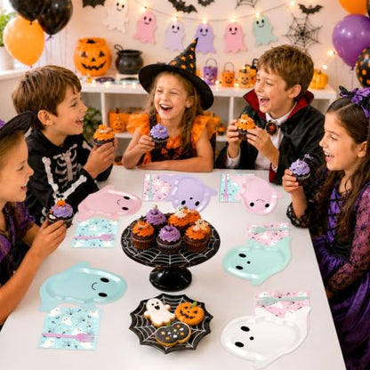 Pastel Ghost Halloween Plates & Napkins Set - Blue & Pink, 72 pcs