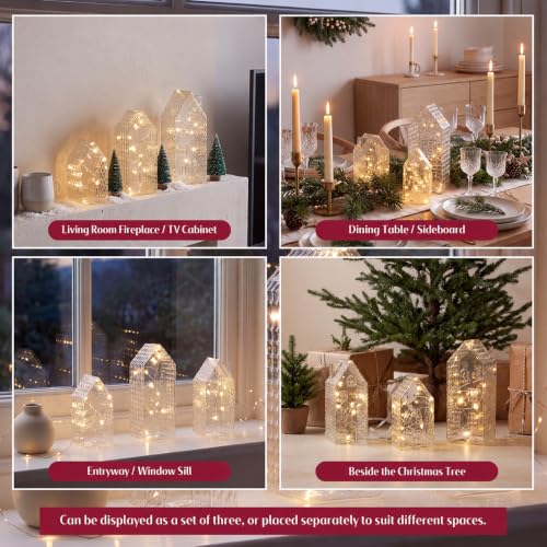 Christmas Glass Village Decoration Set with LED Lights - 3 Pieces