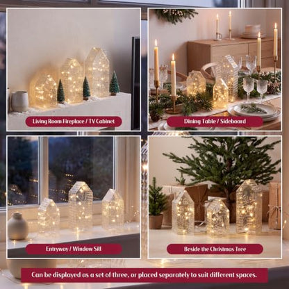 Christmas Glass Village Decoration Set with LED Lights - 3 Pieces
