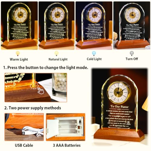 Pastor Appreciation Gifts Crystal Clock with Wooden Light Base - Variation of THIS listing