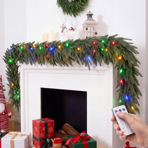 9 FT Christmas Norfolk Pine Garland with Multi Color LED Lights, Remote & Timer
