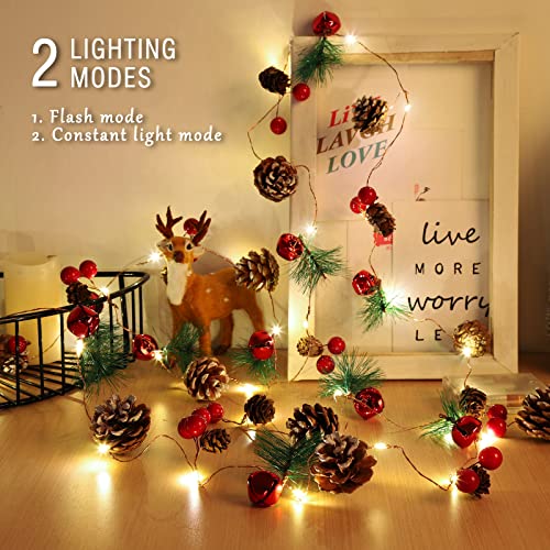 Indoor Christmas Garland with 30 LED Lights, Red Berries & Pine Cones