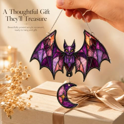 Gothic Bat Suncatcher Halloween Window Decor - Crescent Moon, Purple Stained Glass Style - Bat Lover Gift - Variation of Bat 2