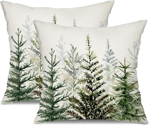 Christmas Pillow Covers 18x18 Set of 2 - Green Forest Tree Winter Outdoor Decor