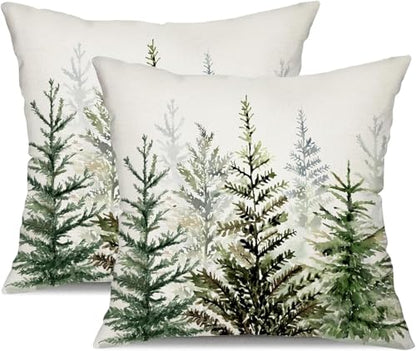Christmas Pillow Covers 18x18 Set of 2 - Green Forest Tree Winter Outdoor Decor