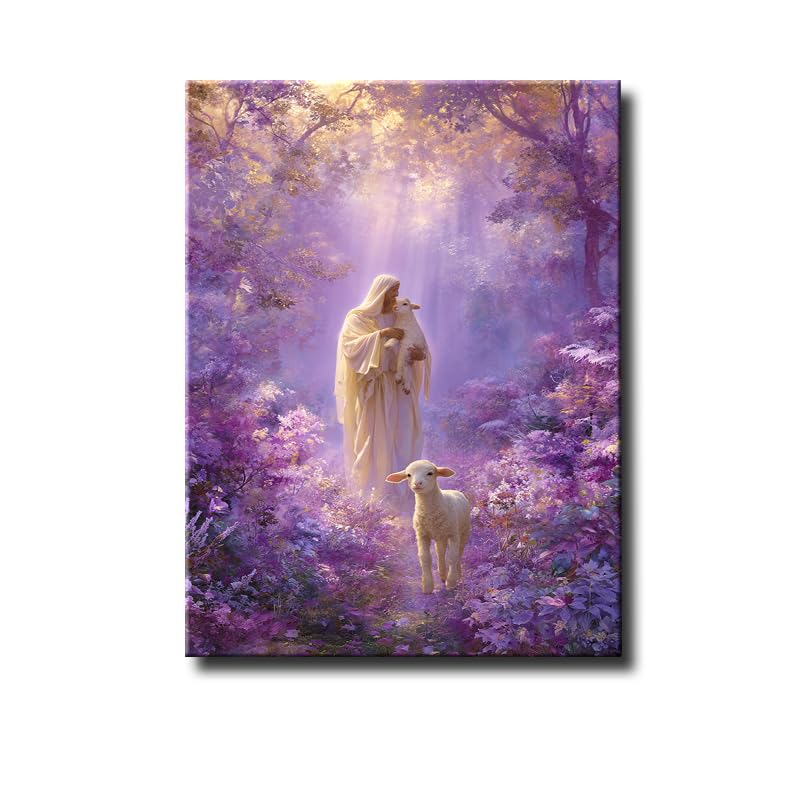 Shepherd with Lambs Purple Enchanted Forest Canvas Wall Art - 24x36 Inches