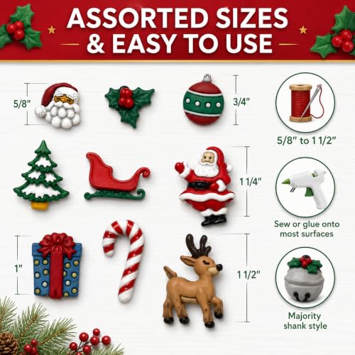 Christmas Buttons Set - 50 Assorted Holiday Crafting Buttons for Sewing & Scrapbooking