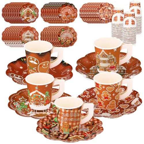 Disposable Gingerbread Tea Cups & Plates Set Brown Gingerbread Man Variation