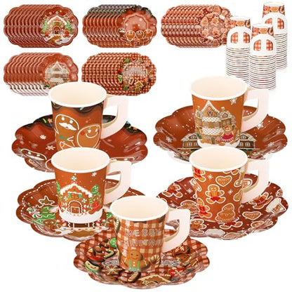 Disposable Gingerbread Tea Cups & Plates Set Brown Gingerbread Man Variation