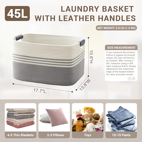 SunNewt 45L Small Laundry Basket with Leather Handles for Living Room Storage, Woven Rope Baskets Bin for Blanket, Kids Toy, Gifts, Wicker Hamper for Bedroom Dirty Clothes, 18"x14"x11" White Grey