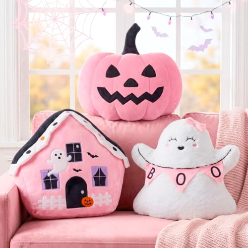 Pink Halloween Pumpkin Throw Pillows Set - Ghost & Boo Decor, 3 Pieces with Embroidered Details