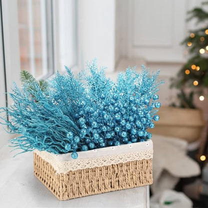 Light Blue Christmas Tree Picks 75 Pcs Glitter Berry & Pine Stems - Holiday Decor
