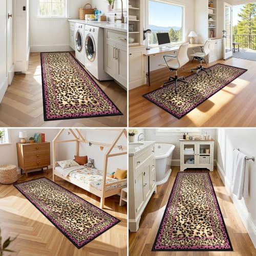 Pink Leopard Border Runner Rug 2x6 Feet - Stylish Cheetah Pattern, Non-Slip, Washable