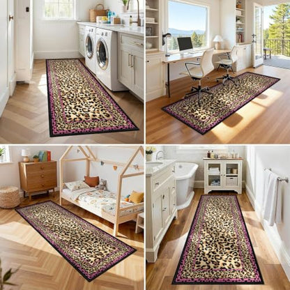 Pink Leopard Border Runner Rug 2x6 Feet - Stylish Cheetah Pattern, Non-Slip, Washable