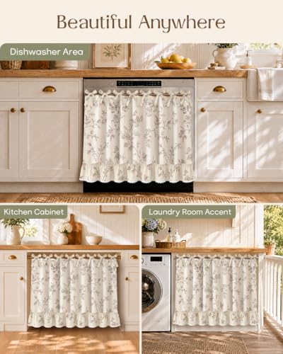 Farmhouse Oven Curtain with Tie Top - Taupe Floral Kitchen Decor