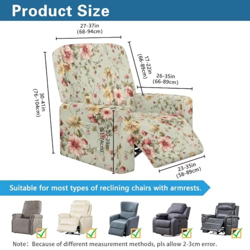 Vintage Floral Recliner Chair Covers 4-Piece Non-Slip Washable Protectors with Side Pockets