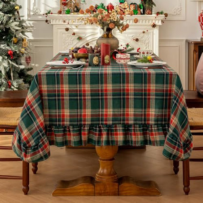 Christmas Plaid Ruffled Tablecloth - Red Green 102 x 60 Inch Rectangle