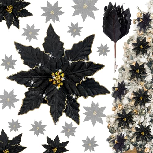 Black Poinsettia Christmas Ornaments with Clips - 16 Large Holiday Flowers